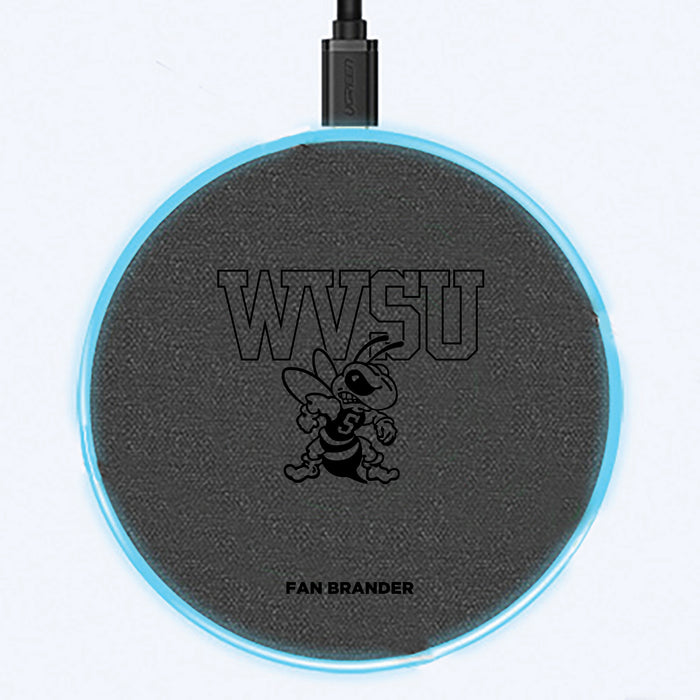 Fan Brander Grey 15W Wireless Charger with West Virginia State Univ Yellow Jackets laser etched Primary Logo