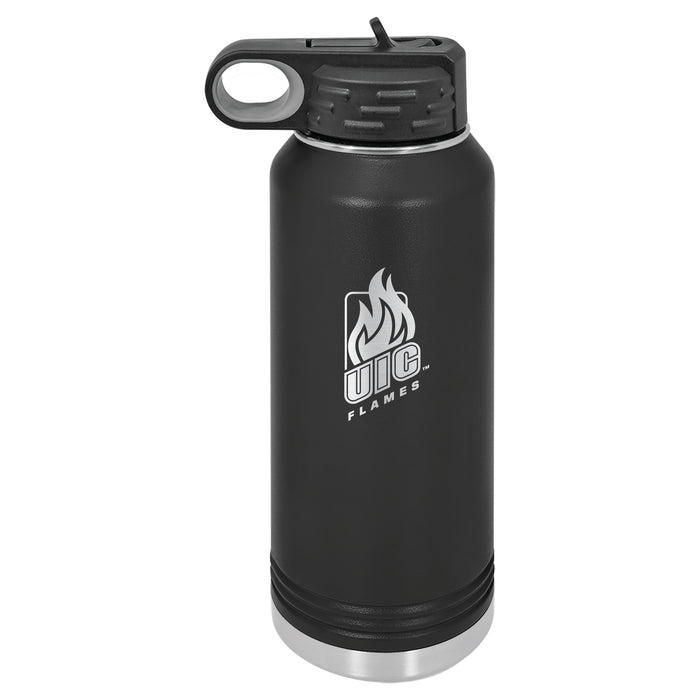 32oz Black Stainless Steel Water Bottle with Illinois @ Chicago Flames Primary Logo