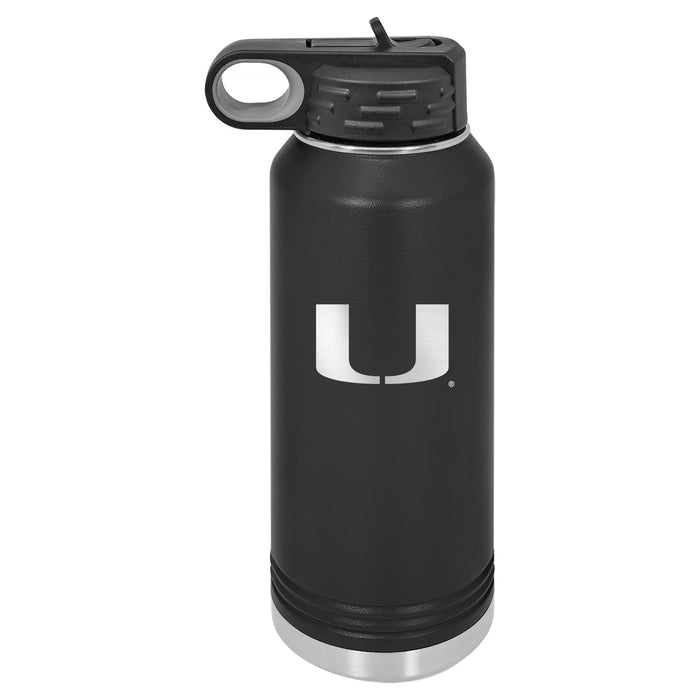 32oz Black Stainless Steel Water Bottle with Miami Hurricanes Primary Logo