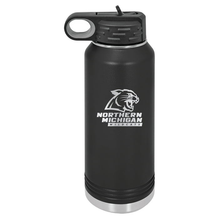 32oz Black Stainless Steel Water Bottle with Northern Michigan University Wildcats Primary Logo