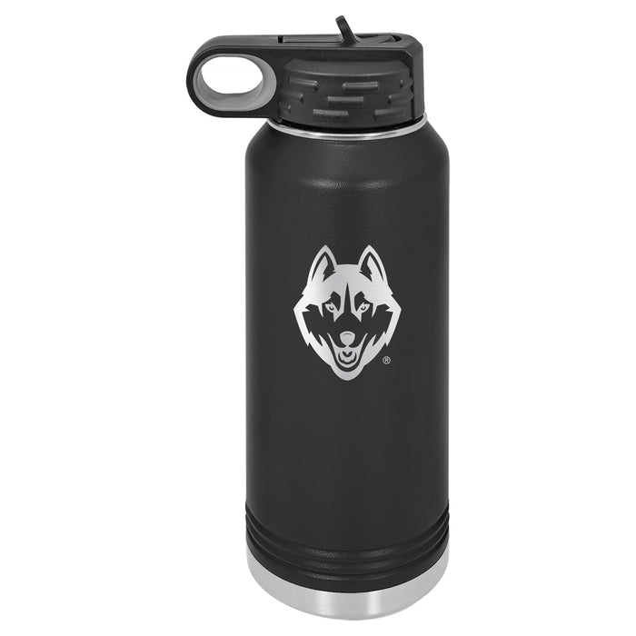32oz Black Stainless Steel Water Bottle with Uconn Huskies Primary Logo